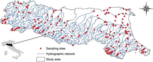 Figure 1. Study area (data source: http://gadm.org), hydrographic network of main rivers and streams (data source: http://www.eea.europa.eu/data-and-maps/data/european-river-catchments-1) and location of sampling sites.