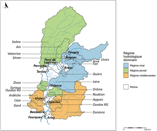 Figure 1. Bassin versant du Rhône où est appliqué l'Outil de Suivi et de Surveillance des Étiages en Cohérence sur le Rhône (OSSEC Rhône).