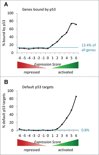 Figure 1. Solely genes activated by p53 are found enriched for p53 binding. A regulation score, named Expression Score, ranging from −6 to +6 was assigned to 19,736 known protein-coding genes from 6 genome-wide p53-dependent gene expression analyses.Citation7,Citation19-23 (A) All ChIP-peaks from 6 genome-wide p53 binding studies, that were identified in at least 2 studies, were allocated to the nearest gene.Citation6-9,Citation24,25 Out of the 19,736 genes, 13.4% were assigned at least one such p53 ChIP-peak. The percentage of genes with a p53 ChIP-peak in a specific Expression Score group is displayed by the black line. The blue line indicates a theoretical uniform distribution of ChIP-peak-containing genes across the 13 Expression Score groups. (B) The percentage of default p53 targets (Table S2) in each Expression Score group is given by the black line. The theoretical uniform distribution of default p53 targets (n = 171 or 0.8% of 19,736 genes) across the 13 Expression Score groups is indicated by the blue line.