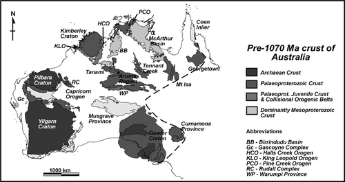 Figure 1 Current distribution of tectonic elements of Proterozoic Australia that formed prior to ca 1070 Ma. Constructed from GIS datasets of Northern Territory Geological Survey, Geological Survey of Western Australia, Primary Industries and Resources South Australia, Geological Survey of Queensland. Australian coast outline adapted from topographic dataset of Geoscience Australia. Gawler Craton outline and detail interpreted from geophysical datasets (Fairclough et al. Citation2003).