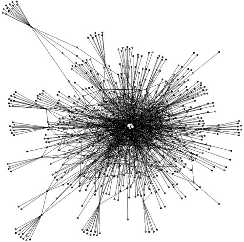 Figure 1. The overall network obtained by merging the five subnetworks together. The two white dots in the center are the two actors with highest power centrality.