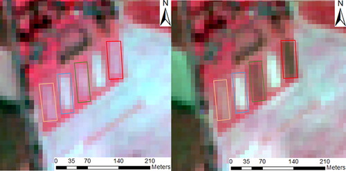 Figure 8. Infrared colored composite images (R:B8, G:B4, B: B3) nine days before spreading (left) and one day after EOM application. Beige, blue, green and red fields represent, respectively, wheat field with application of cattle slurry (Slu), mineral nitrogen (Ctr), liquid digestate (liq_D) and raw digestate (raw_D).