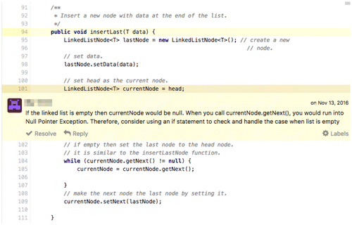 Figure A.1. Example peer code review comment about a logical bug.