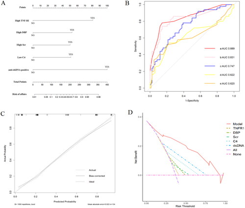 Figure 5. (A) Nomogram based on the active SLE diagnosis model; (B) ROC curves comparing the nomogram (a) with anti-dsDNA (b), TNF-RI (c), serum creatinine (Scr) (d) and diastolic blood pressure (DBP) (e); (C) calibration curve of the nomogram; (D) DCA of the nomogram. ROC: receiver operating characteristic; AUC: the value of the area under the ROC curve; DCA: decision curve analysis.