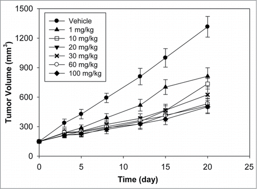 Figure 5. Antitumor efficacy of Anti-DLL4 in MV522 human lung tumor xenograft model after a single IV dose (n = 9/group, mean tumor volume ± SEM for the time that at least half the animals in the group remained on study).