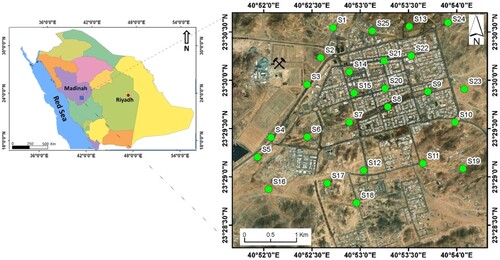 Figure 1. Location map of the study area and spatial distribution of street dust samples in Mahd Ad Dhahab, KSA, showing the mining site.