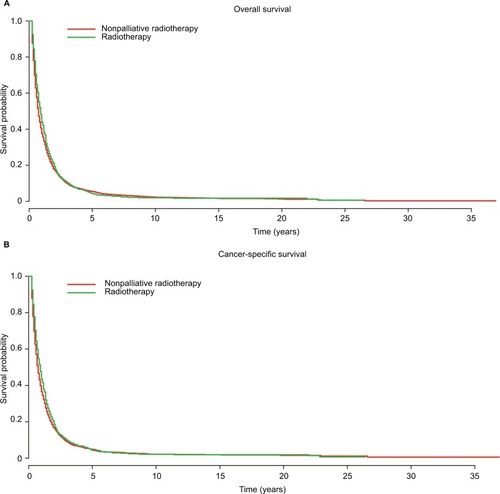 Figure 2 Kaplan–Meier analysis of (A) overall and (B) cancer-specific survival of the palliative radiotherapy and nonpalliative radiotherapy groups before propensity score matching.