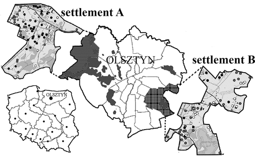 Figure 1. Locations of the surveyed areas: Settlement A (Osiedle Gutkowo) and Settlement B (Osiedle Mazurskie) in the city of Olsztyn.
