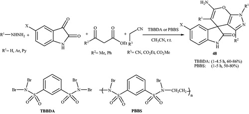 Scheme 67. Synthesis of spiro[indoline-3,4'-pyrano[2,3-c]pyrazole] derivatives in the presence of TBBDA or PBBS.