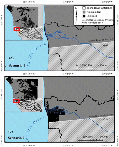 Fig. 9 The two land-exclusion scenarios used with the SLEUTH model in the Lower Tijuana River sub-basin: (a) Scenario 1 allows urbanization to occur on any privately owned land that is not excluded from future development and (b) Scenario 2 allows urbanization in all public and private lands and reserves that are not excluded from future development. The land covered by scenarios 1 and 2 represents exclusion conditions that remain constant up until year 2050.