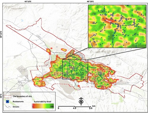 Figure 10. Results of the GIS-MCDA showing the suitability levels for future expansion of restaurants in Tabriz.
