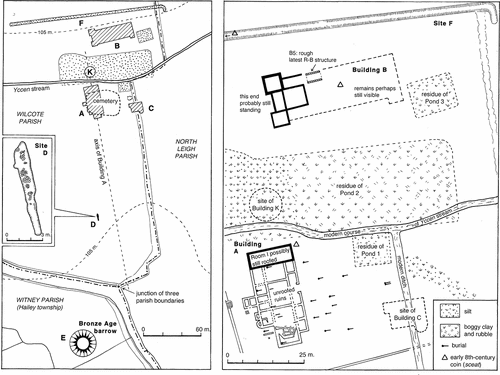 Figure 3. The Shakenoak site: Left: The villa buildings in relation to surrounding features (site letter code according to the excavators). Right: The site in the early fifth century.