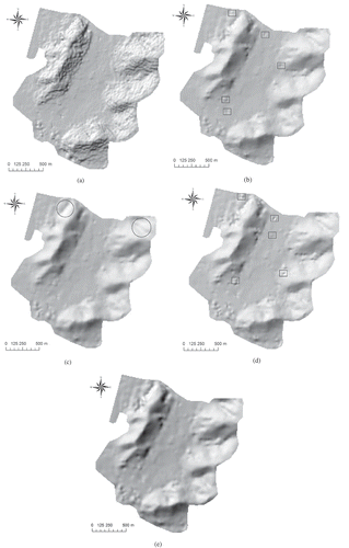 Figure 7. Hillshades of (a) IDW, (b) OK, (c) ANUDEM, (d) MQ, and (e) MQ-T for 10-m-resolution DEMs constructed with 35-m SI. Isolated pits and artificial mounds are flagged by the rectangles in the maps of OK and MQ. Omitted subtle terrain features are marked by the circles in the map of ANUDEM.