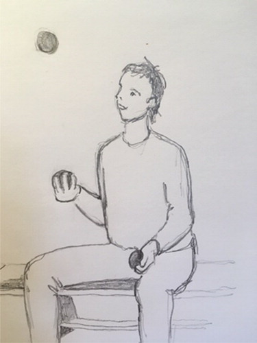 Picture 6. Philip can navigate his way of throwing when juggling with three balls.
