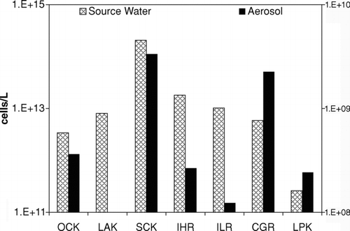 FIG. 1 Direct microscopic count of bacteria, fungi, and their spores in atmospheric samples and nearby aerated/turbulent floodwaters. Left scale refers to source water concentrations; right scale refers to aerosol concentrations.