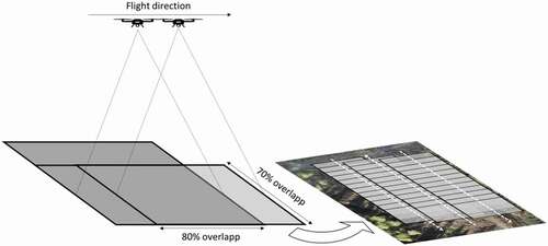 Figure 2. Schematic representation of the UAV flight setup with 80% front and 70% side overlap for an ortho-mosaic creation.