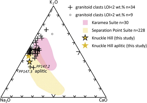 Figure 12. Ternary diagram of alkali major element geochemistry for the granitoid clast samples compared to potential basement sources.