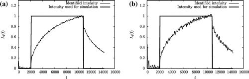 Figure 5. Identification of λ2: (a) Noise 3%; Error 0.45, (b) Noise 10%; Error 0.48.