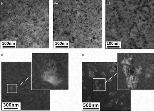 Figure 4. Bight-field TEM images of Co-31.0at%Ni after different tensile tests: (a)  = 0.35% (free-standing sample); (b)  = 0.6%; (c)  = 1.0%; (d)  = 1.4% and (e)  = 1.5%.