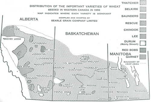 Fig. 1 Distribution of wheat varieties in Western Canada in 1956. Reprinted from Searle Grain Company Limited Annual Variety Survey Report 1956.