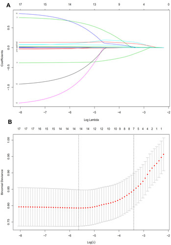 Figure 3 Demographic and clinical feature selection using the LASSO binary logistic regression model in T2DM patients with DN. (A) Optimal parameter (lambda) selection in the LASSO model used fivefold cross-validation based on minimum criteria. The partial likelihood deviance (binomial deviance) curve was plotted versus log(lambda). Dotted vertical lines were drawn at the optimal values by using the minimum criteria and the 1 SE of the minimum criteria (the 1-SE criteria). LASSO coefficient profiles of the 7 features. (B) A coefficient profile plot was produced against the log(lambda) sequence. A vertical line was drawn at the value selected using fivefold cross-validation, where optimal lambda resulted in 7 features with nonzero coefficients.