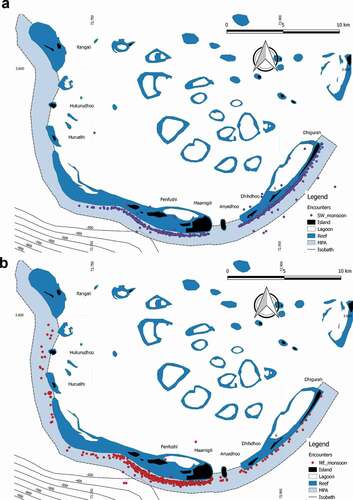 Figure 8. Position of whale sharks encounters during the southwest (a) and the northeast (b) monsoon