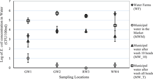 Figure 2. Log concentrations of Escherichia coli in water samples (CFU/100 ml) in water at farms (WF), municipal water at the market (MWM), municipal water after washing 10 lettuce heads (MW_10), municipal water in the market after washing all (about 120–150) lettuce heads (MW_T).