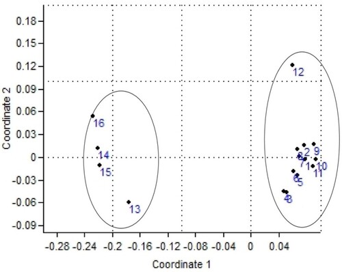 Figure 3. Principal coordinate analysis (PCoA) based on the calculation of the first three coordinates was performed according to the analysis of ISSR markers of the sixteen alfalfa cultivars.