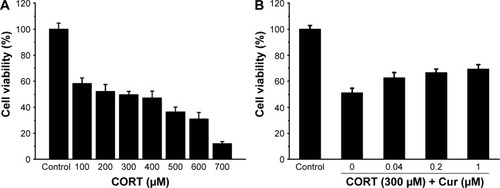 Figure 3 The effect of CORT on PC12 cell viability determined by MTT assay (A), and the effect of Cur on CORT-induced PC12 cell viability determined by MTT assay (B).Note: The results are expressed as mean ± SD.Abbreviations: CORT, corticosterone; Cur, curcumin; SD, standard deviation.
