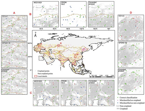 Figure 7. Spatial distribution of four cropland products and our corrected product. Based on the visual interpretation results of testing samples, CCI-LC and GFSAD 30 significantly overestimated the area of cropland in the plain of Eastern Europe (A) and Yunnan-Guizhou Plateaus (D), while MCD12Q1 and FROM-GLC clearly underestimated in the plain of Western Siberia (B) and Southeastern Asia (C)