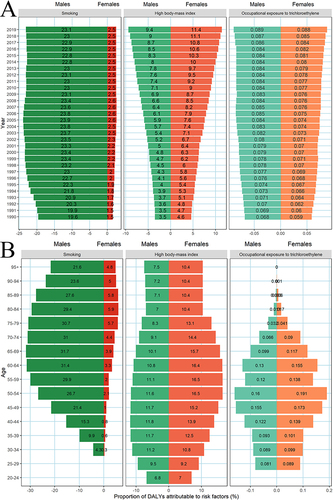 Figure 4 Risk factor analysis for kidney cancer in China. Proportions of DALYs of kidney cancer attributable to risk factors by sex from 1990 to 2019 in China (A); and proportions of DALYs attributable to risk factors by age and sex in 2019 in China (B). DALYs, disability-adjusted life-years.