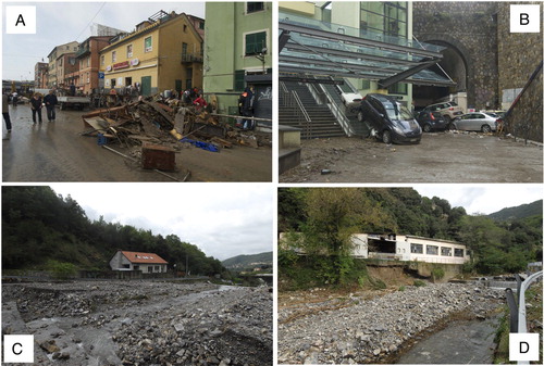 Figure 5. Damage after 2014 flood in the Bisagno catchment; A, B near the train station; C, D solid transport and riverbank collapse along Geirato stream, a Bisagno river tributary (refer to the scheme in the Main Map).