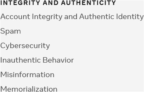 Figure 1. Facebook community standards, integrity and authenticity. Source: https://transparency.fb.com/policies/community-standards/