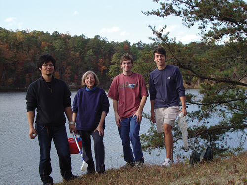 Figure 2. Dr. Satoshi Sekimoto (postdoc), Dr. Martha Powell, Dr. William Davis (the author as a Ph.D. student), and Dr. Jonathan Antonetti (undergraduate student at the time of the photograph) collecting material for chytrid isolation at Lake Nicol, Tuscaloosa, Alabama, 11 August 2011.