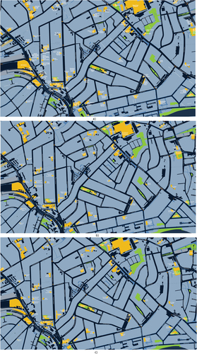 Figure 13. Text labeling performed with: a) optimization method (QGIS-PAL), b) CycleGAN, and c) Pix2Pix.