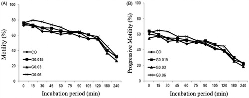 Figure 1. Motility (A) and progressive motility (B) of bull sperm in the control and treated groups during the incubation period for 240 min. CO – control group; G0.015: Group treated with MNP-DMSA at the concentration of 0.015 mg Fe/mL; G0.03: Group treated with MNP-DMSA at the concentration of 0.03 mg Fe/mL; G0.06: Group treated with MNP-DMSA at the concentration of 0.06 mg Fe/mL.
