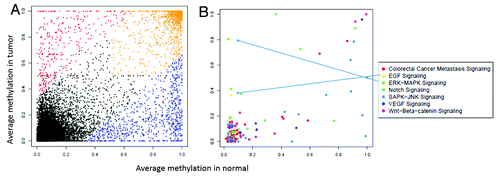 Figure 3. (A) Average methylation of promoters in tumor and normal based on RefSeq genes annotations. Promoters that were hypermethylated only in tumor are shown in red, those hypermethylated only in normal in blue and promoters hypermethylated in both are shaded orange. (B) Promoters from 3A filtered to include genes associated with various Gene Ontology (GO) terms. The Y-axis shows the average methylation in tumor and the X-axis shows the average in normal colon.