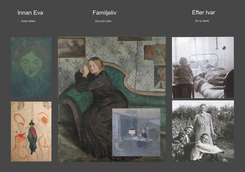 Figure 6. The fourth set puts the portrait in the context of a narration, including a portrait of Ester Sahlin who were an earlier obsession of the artist (upper left), a sketch of Ivar Arosenius, showing him walking down the street with his bleeding heart and an image of Ester Sahlin, as well as his refusal of both alcohol and women (lower left), a painting of Eva and Lillan depicted as the Madonna and Child, sitting by a table in Älvängen (centre, inserted in the portrait), a photograph of Eva in a hospital bed after having given birth to Ivan, her son in her new marriage (upper right), and Eva together with her grown-up son Ivar and his wife (lower right).
