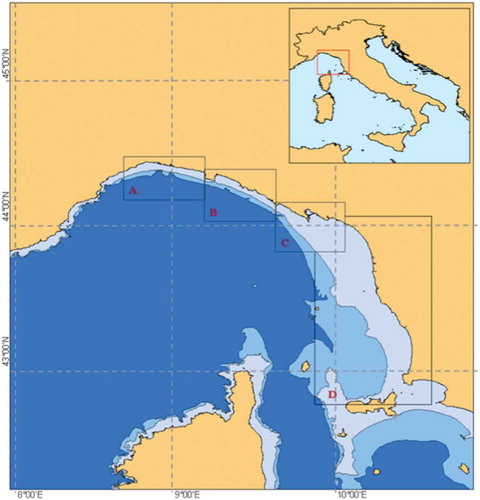 Figure 1. The Eastern Ligurian Sea study area was divided into four sub-areas: A, Capo Arenzano–Punta Chiappa; B, Punta Chiappa–Punta Mesco; C, Punta Mesco–Punta Bianca; D, Punta Bianca–northern Elba Island.