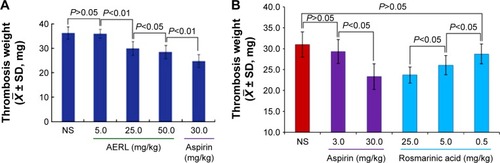 Figure 2 Thrombus weights of rats orally receiving AERL and rosmarinic acid.Notes: (A) Thrombus weights of rats orally receiving AERL. (B) Thrombus weights of rats orally receiving rosmarinic acid. Aspirin was the positive control. n=10.Abbreviations: AERL, aqueous extract of Rabdosia rubescens leaves; NS, normal saline; SD, standard deviation.