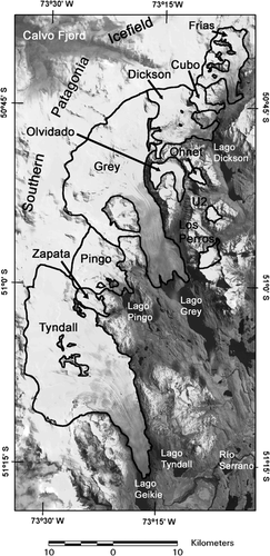 FIGURE 2. Landsat ETM+ satellite composite image with bands 1, 4, and 5 from October 2000. Main glacier basins are shown in black. The image is an enlargement of the rectangle shown in Figure 1