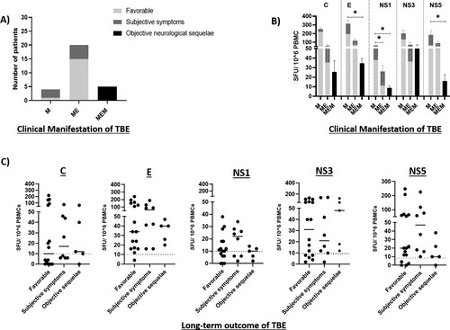 Figure 4. Correlation of T-cell responses during early TBE and clinical outcomes one year later. (A) Number of patients with distinct clinical manifestations early during TBE that later developed favorable (light grey), subjective symptoms affecting quality of life (grey) or objective neurological sequelae (black) one year after acute illness. (B) Frequency of TBEV-specific IFN-γ producing T-cells per 1 × 106 PBMCs in patients with distinct clinical manifestations during early TBE and outcome one year later. (C) Frequency of TBEV-specific IFN-γ producing T-cells per 1 × 106 PBMCs during acute illness (without categorizing based on clinical manifestations) in patients that latter had distinct clinical outcomes. Bars represent mean plus standard errors of the mean and each dot represents a single patient. A two-tailed Kruskal–Wallis test or ANOVA with Dunn’s multiple comparison test were performed for comparisons of groups. *P < .05.