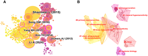 Figure 7 (A) Map of cited references related to moxibustion therapy for pain treatment from 2012 to 2021. (B) The top 10 clusters of cited reference related to moxibustion therapy for pain treatment from 2012 to 2021.