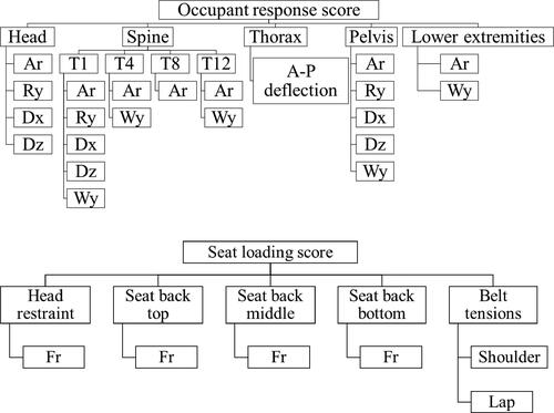 Figure 7. Evaluation of occupant response score and seat loading score. Here, Ar: Resultant acceleration, Ry: Y-rotation, Dx: X-displacement, Dz: Z-displacement, Wy: y-angular velocity, A-P: anterior-posterior and Fr: Resultant force.
