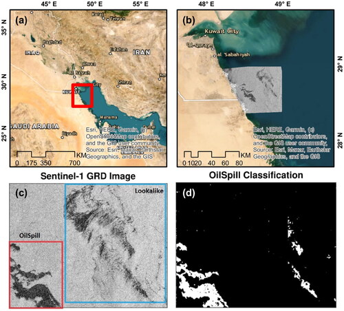 Figure 9. (a) Application region in the Arabian Gulf, (b) location of oil spill at 10 August 2017 overlayed by Sentinel-1GRD (VV) image, (c) Sentinel-1 GRD (VV) image showing the areas of oil spills and lookalikes, (d) results of oil spills segmentation using the proposed model.