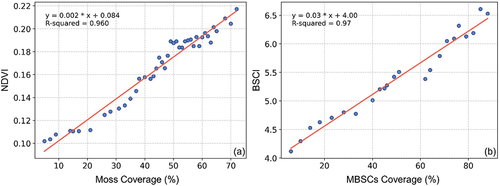 Figure 11. Scatter plots of spectral indices and biological soil crust coverage: (a) the normalized difference vegetation index (NDVI) and moss coverage in desert and (b) the biological soil crust index (BSCI) and mixed biological soil crusts coverage in sandy land. Spectral indices were derived from measured spectrometer data. The red lines represent the linear relationships between the indices and biological soil crust coverage.