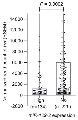 Figure 3. Expression of miR-129-2 in breast cancer patients in TCGA dataset. Expression plot for PR in breast cancer patients with high miR-129-2 expression (n = 134) and with absence of miR-129-2 expression (n = 225) in the TCGA cohort. The box-plot is overlaid with dot-plot wherein each point represents patient sample. Y-axis indicates normalized read count (RSEM) values for PR in a total of 359 breast cancer patients where expression of PR and miR-129-2 was available. P-value (P = 0.0002) was calculated using student's unpaired t-test with Welch's correction.