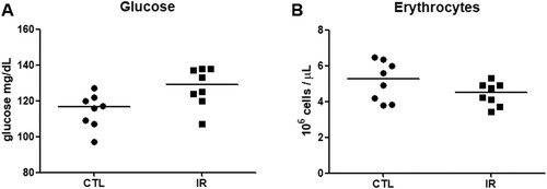 Figure 5. Glycaemia and red blood cell count. (A) Blood glucose levels of the CTL and IR group were measured using an Accu-Chek Active glucometer (n = 8 per group). (B) Red blood cells of the CTL and IR groups were counted using a Neubauer chamber (N = 8 per group). Each dot represents the result of an animal and the horizontal lines represent the median of the group. *p < 0.05.