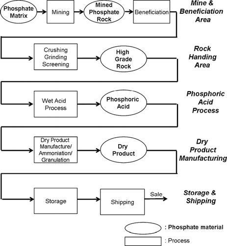 FIG. 1 Series of processes in the Florida phosphate industry. Rectangular and oval elements of the chart represent, respectively, the type of process and the phosphate material at each process.
