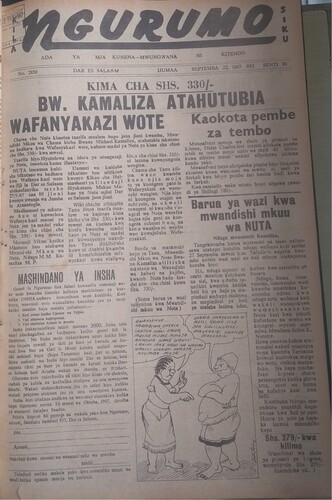 Figure 1. Front page of Ngurumo, 22 September 1967. East Africana Collection, University of Dar es Salaam Library. Photograph by George Roberts.